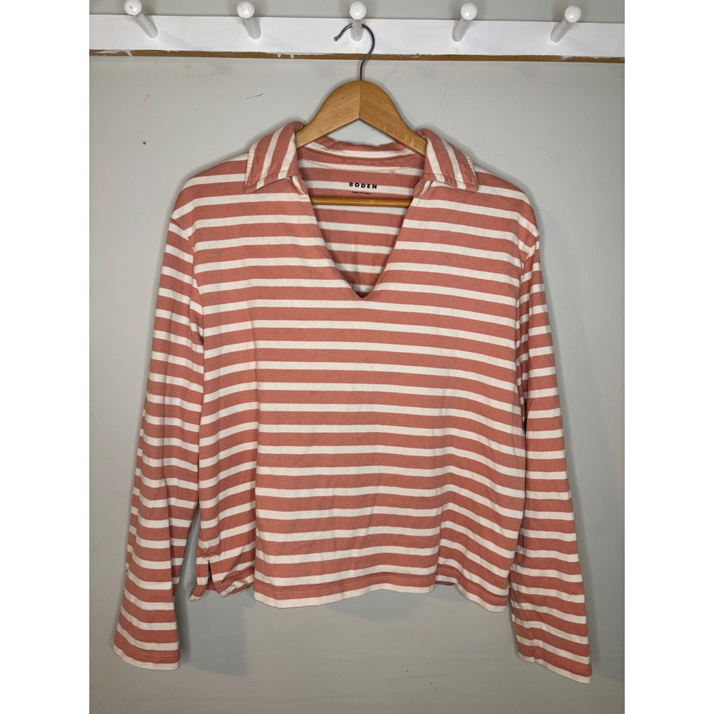 Boden Top Womens Pink White Stripe‎ Long Sleeve Polo Cotton Knit V Neck